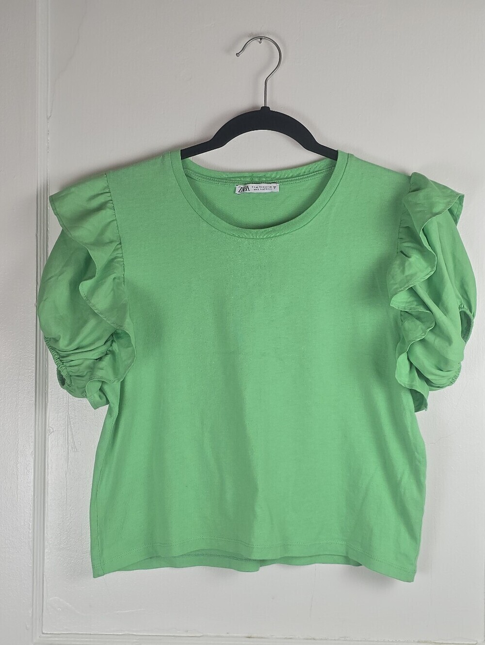 Zara Green Knit Puff Sleeve Cropped Knit Top M